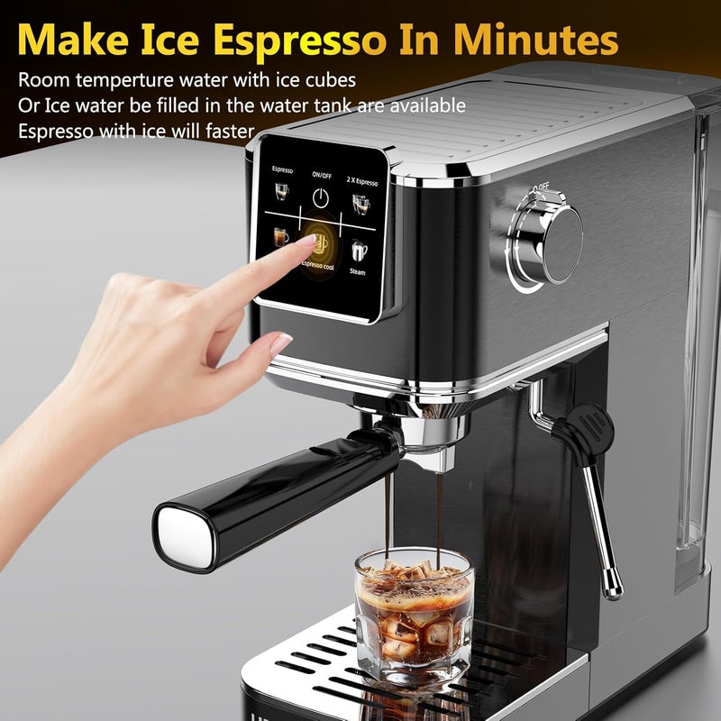 URintells Cuising Espresso Machine 20 Bar,Touch Screen Espresso Maker with Steam Milk Frother,Compact Stainless Steel Coffee Machine for Cappuccino Latte Americano Espresso Cool,Gift for Coffee Lovers,Black - Image 4